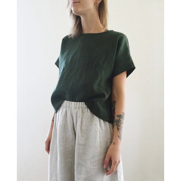 FOUND PATH Linen Market Boxy Tee Womens Small Spruce Square Top Short Sleeve - Picture 3 of 14